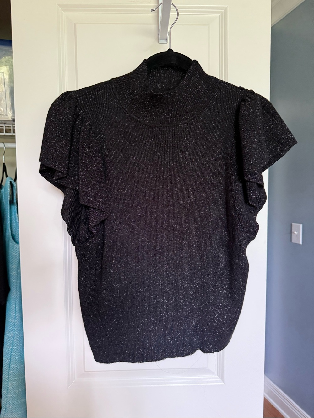 Anthropologie Black Metallic Ruffle Sleeve Mock Neck Top